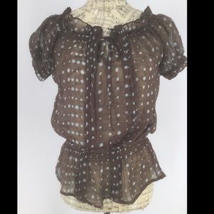 Timing Med.sheer Brn W/Robin Blu dots Blouse, w/ruffle neckline, elastic waist